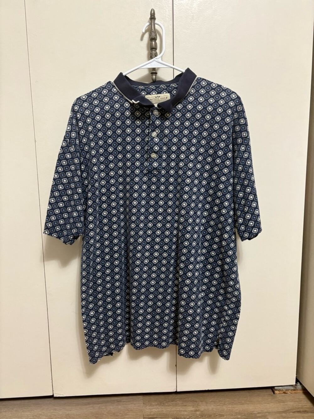 Natural Issue Polo Shirt Blue Geometric Pattern Short Sleeve Casual Men XL